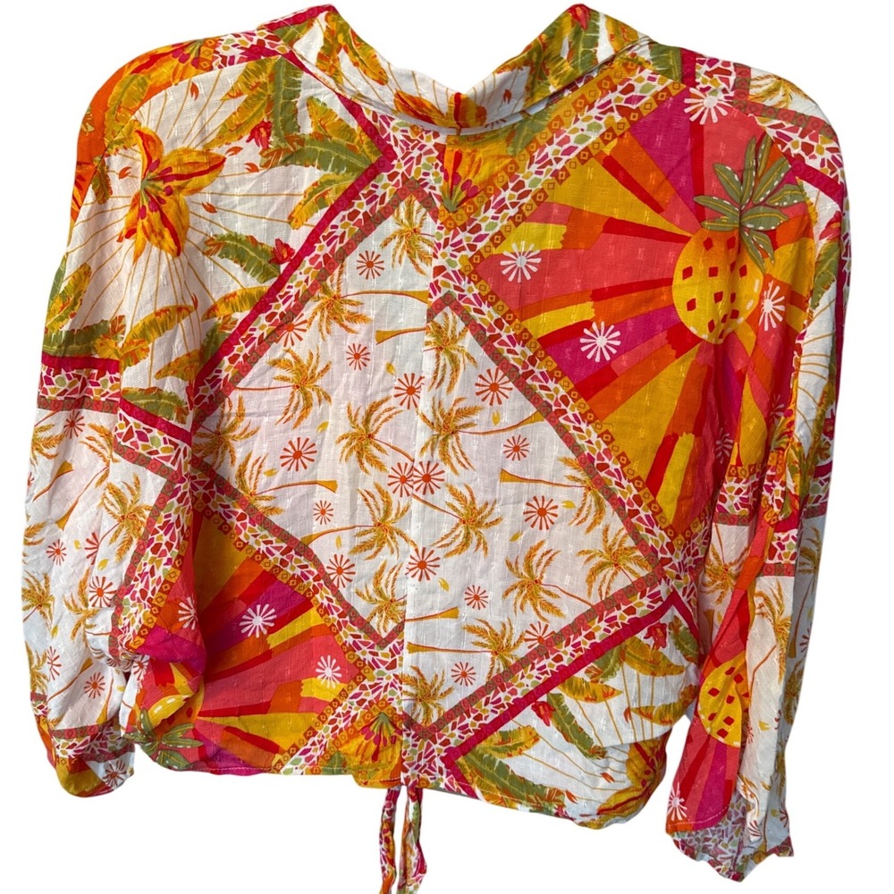 Haute Hippie LS Crop Top Vibrant Button Up Tie Shirt colorful‎ patchwork  NWT - Picture 4 of 8